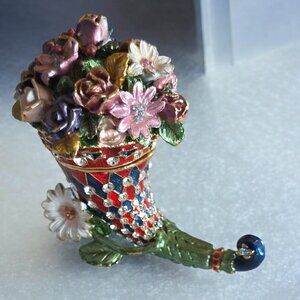 VINTAGE PACIFIC TRADING 3" Crystal Jeweled Cornucopia Trint Box